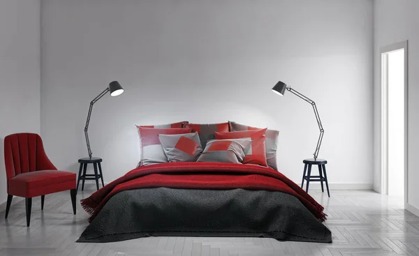 モダンな明るいベッドルームのインテリア3Dレンダリングイラストコンピュータ生成画像 — ストック写真
