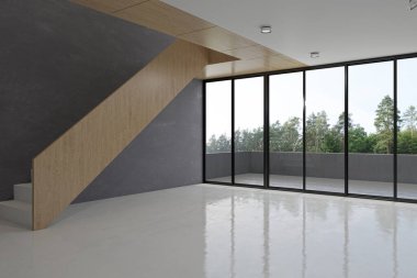 3D tasviri, büyük lüks, modern, parlak iç mekânlar sunuyor. Oturma odasındaki model bilgisayarlar dijital olarak oluşturuluyor.