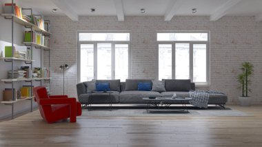 3D tasviri, büyük lüks, modern, parlak iç mekânlar sunuyor. Oturma odasındaki model bilgisayarlar dijital olarak oluşturuluyor.