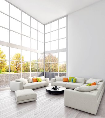 3D tasviri, büyük lüks, modern, parlak iç mekânlar sunuyor. Oturma odasındaki model bilgisayarlar dijital olarak oluşturuluyor.