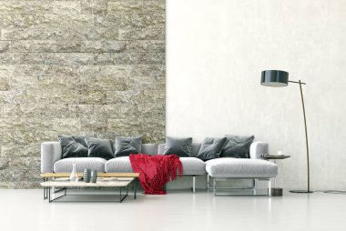 3D tasviri, büyük lüks, modern, parlak iç mekânlar sunuyor. Oturma odasındaki model bilgisayarlar dijital olarak oluşturuluyor.