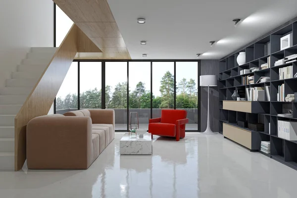 Ilustração Renderização Grande Luxo Modernos Interiores Brilhantes Sala Estar Computador — Fotografia de Stock