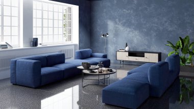 3D tasviri, büyük lüks, modern, parlak iç mekânlar sunuyor. Oturma odasındaki model bilgisayarlar dijital olarak oluşturuluyor.