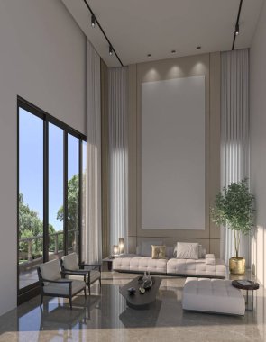 3D tasviri, büyük lüks, modern, parlak iç mekânlar sunuyor. Oturma odasındaki model bilgisayarlar dijital olarak oluşturuluyor.