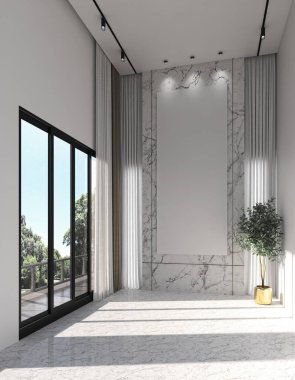 3D tasviri, büyük lüks, modern, parlak iç mekânlar sunuyor. Oturma odasındaki model bilgisayarlar dijital olarak oluşturuluyor.