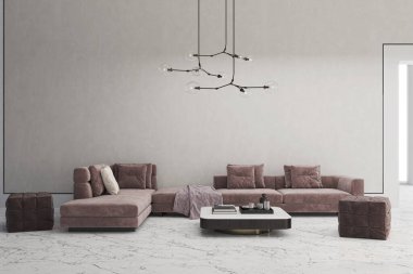 3D tasviri, büyük lüks, modern, parlak iç mekânlar sunuyor. Oturma odasındaki model bilgisayarlar dijital olarak oluşturuluyor.