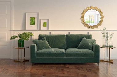 3D tasviri, büyük lüks, modern, parlak iç mekânlar sunuyor. Oturma odasındaki model bilgisayarlar dijital olarak oluşturuluyor.