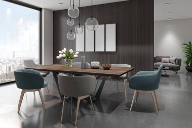 3D tasviri, büyük lüks, modern, parlak iç mekânlar sunuyor. Oturma odasındaki model bilgisayarlar dijital olarak oluşturuluyor.