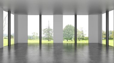 3D tasviri, büyük lüks, modern, parlak iç mekânlar sunuyor. Oturma odasındaki model bilgisayarlar dijital olarak oluşturuluyor.