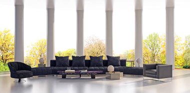 3D tasviri, büyük lüks, modern, parlak iç mekânlar sunuyor. Oturma odasındaki model bilgisayarlar dijital olarak oluşturuluyor.