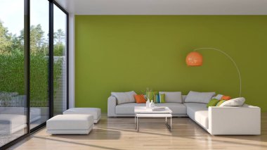 3D tasviri, büyük lüks, modern, parlak iç mekânlar sunuyor. Oturma odasındaki model bilgisayarlar dijital olarak oluşturuluyor.