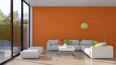 3D tasviri, büyük lüks, modern, parlak iç mekânlar sunuyor. Oturma odasındaki model bilgisayarlar dijital olarak oluşturuluyor.