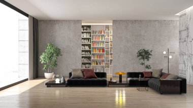 3D tasviri, büyük lüks, modern, parlak iç mekânlar sunuyor. Oturma odasındaki model bilgisayarlar dijital olarak oluşturuluyor.