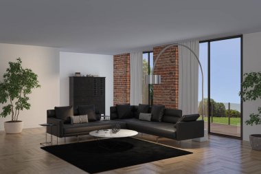 3D tasviri, büyük lüks, modern, parlak iç mekânlar sunuyor. Oturma odasındaki model bilgisayar dijital olarak üretiliyor.