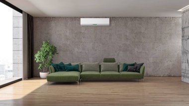 Büyük lüks, modern, aydınlık bir oturma odası. Klima modelleme çizimi 3D renderin.