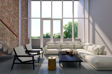 3D tasviri, büyük lüks, modern, parlak iç mekânlar sunuyor. Oturma odasındaki model bilgisayarlar dijital olarak oluşturuluyor.