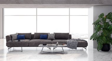 3D tasviri, büyük lüks, modern, parlak iç mekânlar sunuyor. Oturma odasındaki model bilgisayarlar dijital olarak oluşturuluyor.