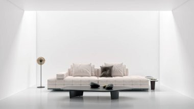 3D tasviri, büyük lüks, modern, parlak iç mekânlar sunuyor. Oturma odasındaki model bilgisayarlar dijital olarak oluşturuluyor.