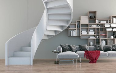 3D tasviri, büyük lüks, modern, parlak iç mekânlar sunuyor. Oturma odasındaki model bilgisayarlar dijital olarak oluşturuluyor.