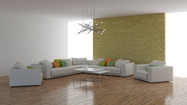 3D tasviri, büyük lüks, modern, parlak iç mekânlar sunuyor. Oturma odasındaki model bilgisayarlar dijital olarak oluşturuluyor.