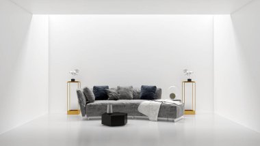 3D tasviri, büyük lüks, modern, parlak iç mekânlar sunuyor. Oturma odasındaki model bilgisayarlar dijital olarak oluşturuluyor.