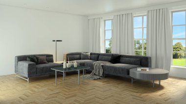 3D tasviri, büyük lüks, modern, parlak iç mekânlar sunuyor. Oturma odasındaki model bilgisayarlar dijital olarak oluşturuluyor.