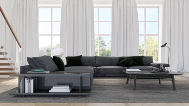 3D tasviri, büyük lüks, modern, parlak iç mekânlar sunuyor. Oturma odasındaki model bilgisayarlar dijital olarak oluşturuluyor.