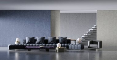 3D tasviri, büyük lüks, modern, parlak iç mekânlar sunuyor. Oturma odasındaki model bilgisayarlar dijital olarak oluşturuluyor.