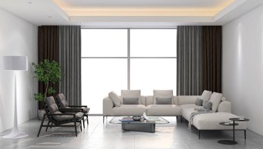 3D tasviri, büyük lüks, modern, parlak iç mekânlar sunuyor. Oturma odasındaki model bilgisayarlar dijital olarak oluşturuluyor.