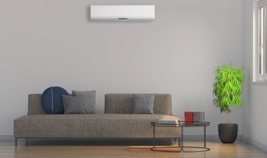 Büyük lüks, modern, aydınlık bir oturma odası. Klima modelleme çizimi 3D.