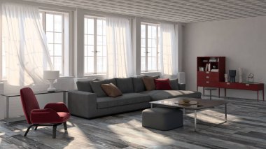 3D tasviri, büyük lüks, modern, parlak iç mekânlar sunuyor. Oturma odasındaki model bilgisayarlar dijital olarak oluşturuluyor.