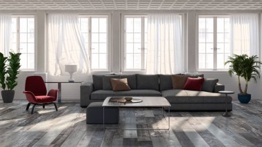 3D tasviri, büyük lüks, modern, parlak iç mekânlar sunuyor. Oturma odasındaki model bilgisayarlar dijital olarak oluşturuluyor.