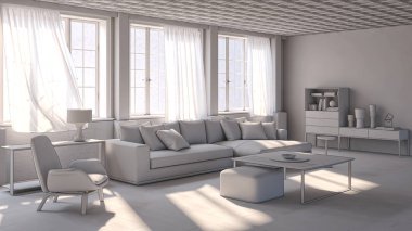 3D tasviri, büyük lüks, modern, parlak iç mekânlar sunuyor. Oturma odasındaki model bilgisayarlar dijital olarak oluşturuluyor.