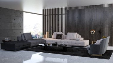 3D tasviri, büyük lüks, modern, parlak iç mekânlar sunuyor. Oturma odasındaki model bilgisayarlar dijital olarak oluşturuluyor.