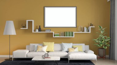 3D tasviri, büyük lüks, modern, parlak iç mekânlar sunuyor. Oturma odasındaki model bilgisayarlar dijital olarak oluşturuluyor.