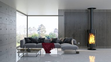 3D tasviri, büyük lüks, modern, parlak iç mekânlar sunuyor. Oturma odasındaki model bilgisayarlar dijital olarak oluşturuluyor.