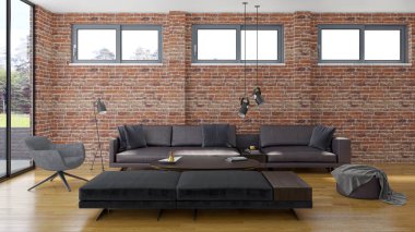 3D tasviri, büyük lüks, modern, parlak iç mekânlar sunuyor. Oturma odasındaki model bilgisayarlar dijital olarak oluşturuluyor.