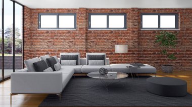 3D tasviri, büyük lüks, modern, parlak iç mekânlar sunuyor. Oturma odasındaki model bilgisayarlar dijital olarak oluşturuluyor.