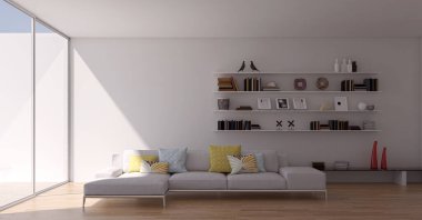 3D tasviri, büyük lüks, modern, parlak iç mekânlar sunuyor. Oturma odasındaki model bilgisayarlar dijital olarak oluşturuluyor.