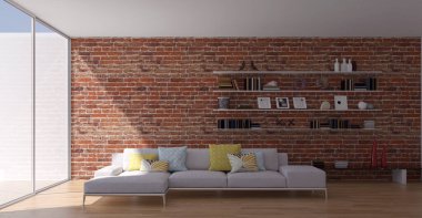 3D tasviri, büyük lüks, modern, parlak iç mekânlar sunuyor. Oturma odasındaki model bilgisayarlar dijital olarak oluşturuluyor.