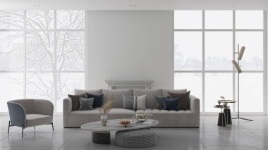 3D tasviri, büyük lüks, modern, parlak iç mekânlar sunuyor. Oturma odasındaki model bilgisayarlar dijital olarak oluşturuluyor.