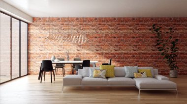 3D tasviri, büyük lüks, modern, parlak iç mekânlar sunuyor. Oturma odasındaki model bilgisayarlar dijital olarak oluşturuluyor.