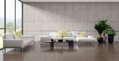 3D tasviri, büyük lüks, modern, parlak iç mekânlar sunuyor. Oturma odasındaki model bilgisayarlar dijital olarak oluşturuluyor.