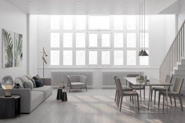 3D tasviri, büyük lüks, modern, parlak iç mekânlar sunuyor. Oturma odasındaki model bilgisayarlar dijital olarak oluşturuluyor.