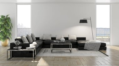 3D tasviri, büyük lüks, modern, parlak iç mekânlar sunuyor. Oturma odasındaki model bilgisayarlar dijital olarak oluşturuluyor.