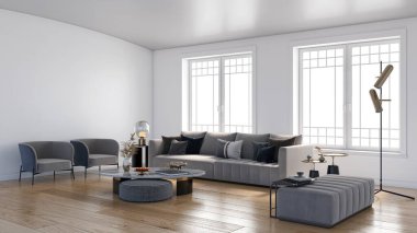 3D tasviri, büyük lüks, modern, parlak iç mekânlar sunuyor. Oturma odasındaki model bilgisayarlar dijital olarak oluşturuluyor.