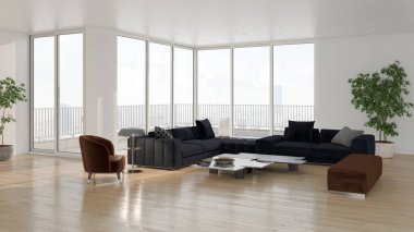 3D tasviri, büyük lüks, modern, parlak iç mekânlar sunuyor. Oturma odasındaki model bilgisayar dijital olarak üretiliyor.