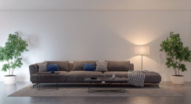 3D tasviri, büyük lüks, modern, parlak iç mekânlar sunuyor. Oturma odasındaki model bilgisayar dijital olarak üretiliyor.