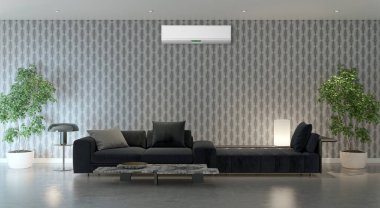 Büyük lüks, modern, aydınlık bir oturma odası. Klima modelleme çizimi 3D.