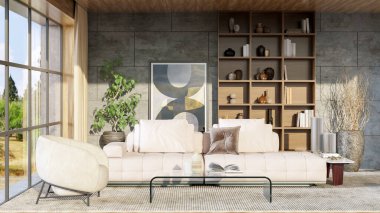 Büyük lüks, modern, parlak iç mekan. Oturma odası tasviri 3D canlandırma.